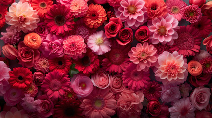 Naklejka premium Vibrant Assortment of Red and Pink Blooms in a Lush Floral Arrangement