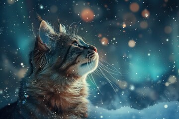 Majestic cat gazing at snowfall under the night sky, surrounded by glowing bokeh lights, creating a magical winter scene.