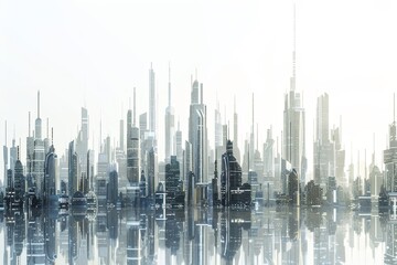 Realistic photograph of a complete Futuristic cities,solid stark white background, focused lighting