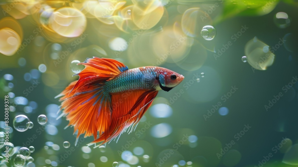 Poster a betta fish building a bubble nest on the surface of the water, a natural behavior indicating healt