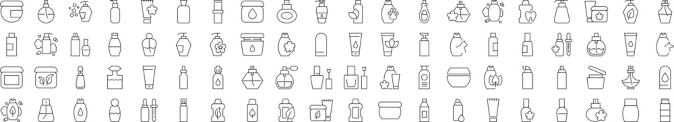 Collection of icons of perfume, shower gel, shampoo, cream for Advertisement. Suitable for books, stores, shops. Editable stroke in minimalistic outline style. Symbol for design