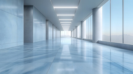 Modern Architectural Design of a Spacious Corridor With Blue Flooring