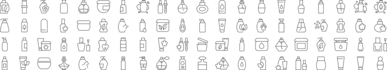 Fototapeta premium Collection of Line Icons of perfume, shower gel, shampoo, cream. Suitable for books, stores, shops. Editable stroke in minimalistic outline style. Symbol for design
