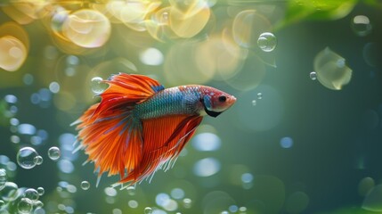 Obraz premium A betta fish building a bubble nest on the surface of the water, a natural behavior indicating health and vitality in captivity.
