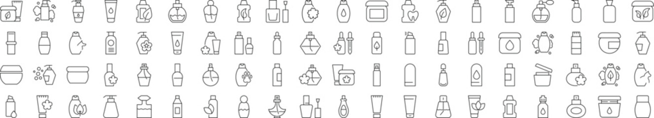 Collection of Line Icons of perfume, shower gel, shampoo, cream for Adverts. Suitable for books, stores, shops. Editable stroke in minimalistic outline style. Symbol for design