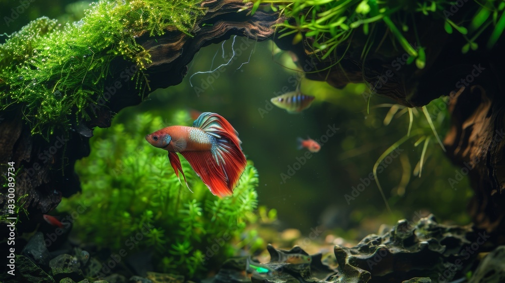 Poster a betta fish exploring a moss-covered cave in its aquarium, its inquisitive nature on full display a