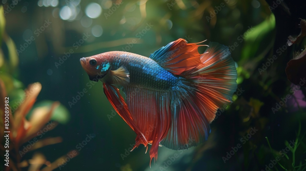 Poster a betta fish flaring its gills and fins in a defensive display, showcasing its territorial behavior 