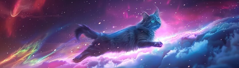 A majestic cat gracefully floats through a vibrant cosmic landscape, surrounded by colorful nebulas and stars.