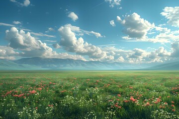 Field of red and white flowers with mountains in the distance