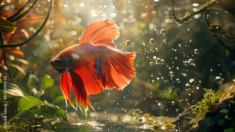 Poster a betta fish flaring its gills and fins in a defensive display, showcasing its territorial behavior 