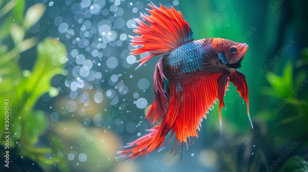 Poster a betta fish flaring its gills and fins in a defensive display, showcasing its territorial behavior 
