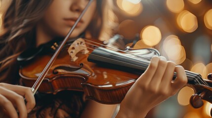 Closeup of a young female violinist playing passionately in a warmly lit environment creates a soulful atmosphere. Generative Ai