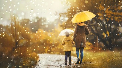 Obraz premium Mother and child walking in autumn rain holding umbrellas, enjoying the beautiful fall foliage and serene nature scene.