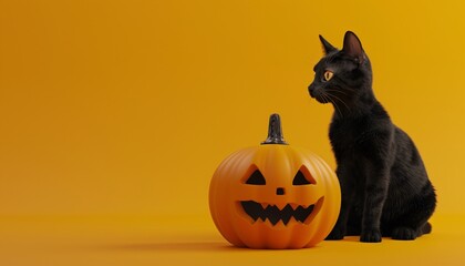 Black Cat Next to JackOLantern on Spooky Background