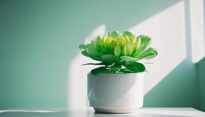 Green flower in a white pot. Close up. 