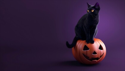 Black Cat Sitting on JackoLantern in Solid Dark Purple Background for Halloween Horror Aesthetic