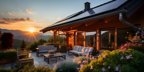 Sunset glow highlighting solar panels on a spacious family home. Concept Solar Panel Energy, Sustainable Living, Home Improvement, Eco-Friendly Technology, Sunset Photography