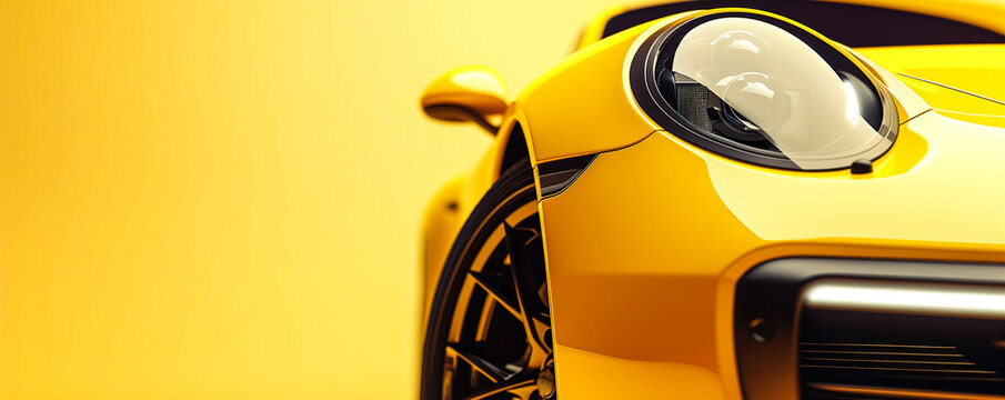 Close up de um carro de luxo amarelo, detalhes no farol redondo, fundo amarelo