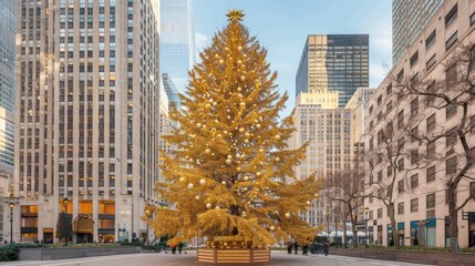 Photo of a grand Christmas tree decorated with golden ornaments, standing tall in an urban plaza surrounded by skyscrapers, creating a festive cityscape.