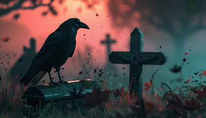 Crow on Cemetery with Coffin and Mummy  Halloween Horror