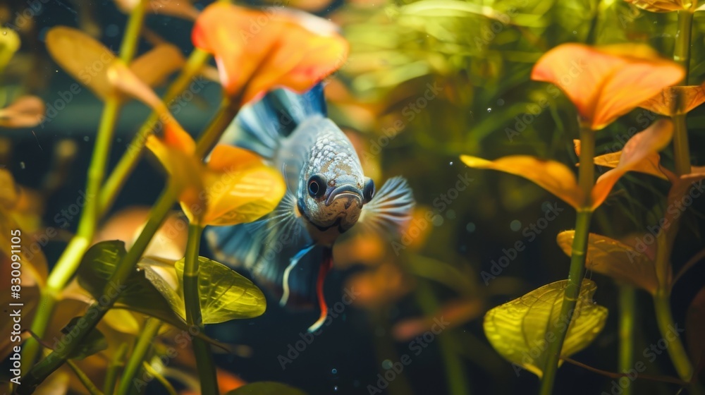 Poster A betta fish peeking out from behind a cluster of floating plants in its aquarium, its curious gaze capturing the viewer's attention.