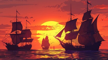 Naklejka premium Pirate ship on the open sea with the crew preparing for battle with other ships as the sun sets.