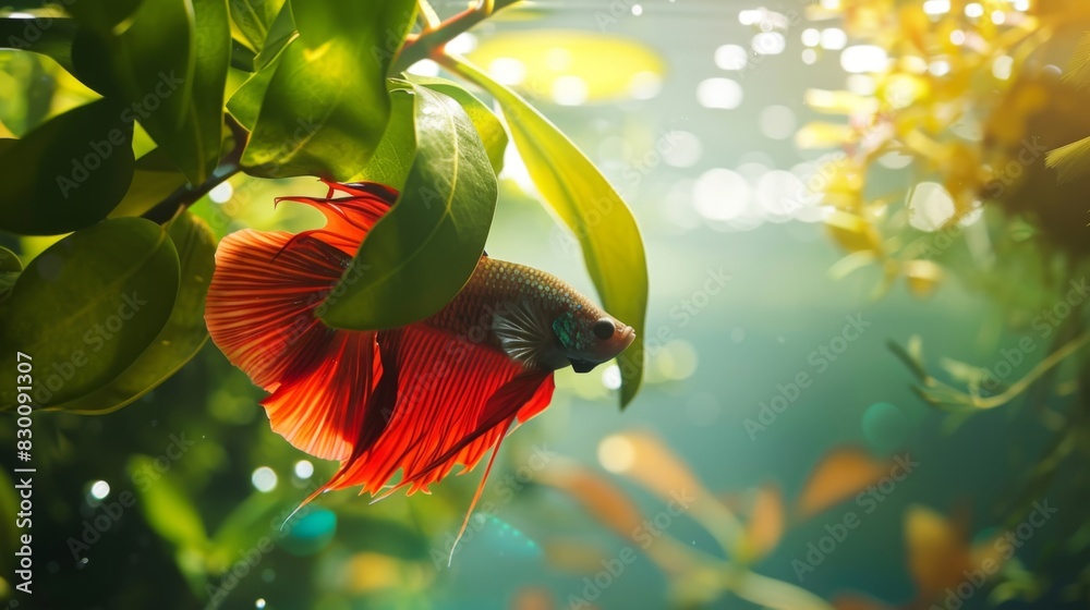 Aufkleber a betta fish resting on a leaf hammock near the surface of the water, enjoying a moment of relaxatio