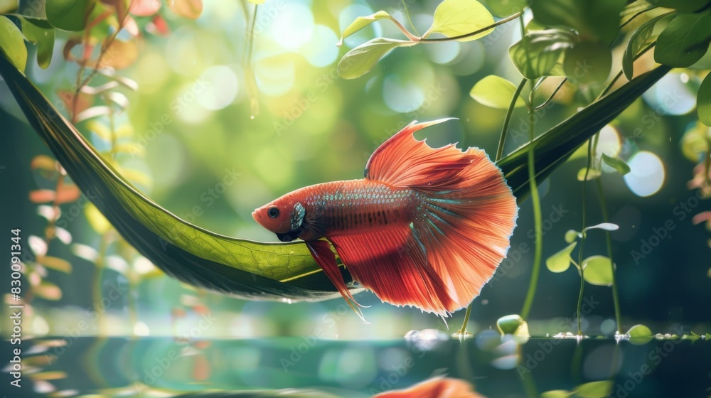 Aufkleber a betta fish resting on a leaf hammock near the surface of the water, enjoying a moment of relaxatio