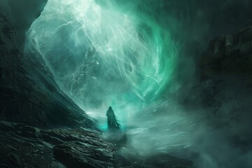 Magical creatures emerge from the swirling mist in a mysterious cave.