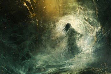 Magical creatures emerge from the swirling mist in a mysterious cave.