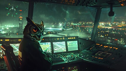 Nocturnal Professional: Owl Air Traffic Controller Directing Commercial Airliners at Busy International Airport