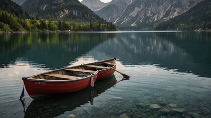 rowboats-moored-in-lake-against-mountains-range