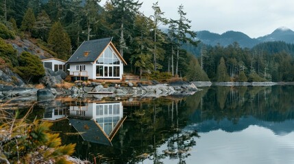 Fototapeta premium Photo of a cozy lakeside cabin surrounded by trees, reflecting on a calm lake, with mountains in the background, overcast sky.
