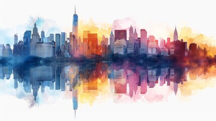 Fototapeta premium Skyline Symphony: Reflective Hues on a White Canvas