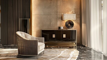 Elegant living space featuring a plush armchair and sleek sideboard minimalist decor neutral colors inviting atmosphere