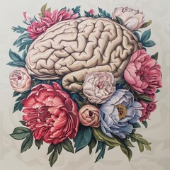Vibrant Brain Anatomy with Floral Accents for Health and Wellness Designs Generative AI