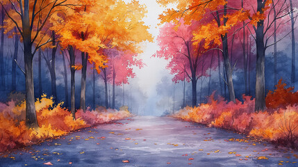 A painting of a forest with a road in the middle