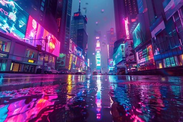Rain-slicked cyberpunk cityscape at night, neon lights of skyscrapers shimmering on wet pavement, creating a mesmerizing reflection.