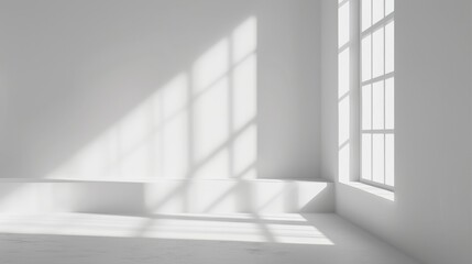 Fototapeta premium Minimal abstract light gray background for product presentation. Windows on the white wall cast soft shadows and light.Warm Light and Soft Shadows Streaming Through Minimalist Gray Wall Window - Seren