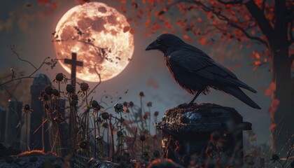 Creepy Scene Crow on Cemetery with Coffin and Skull