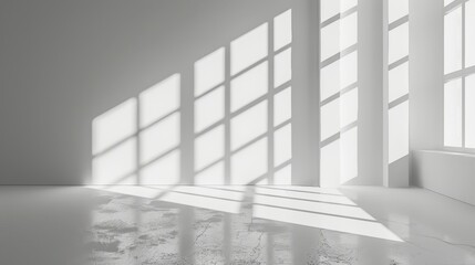 Obraz premium Minimal abstract light gray background for product presentation. Windows on the white wall cast soft shadows and light.Warm Light and Soft Shadows Streaming Through Minimalist Gray Wall Window - Seren
