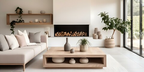 Modern Scandinavian living room with wood coffee table beige sofa and fireplace. Concept Scandinavian Design, Cozy Living Room, Minimalist Decor, Neutral Tones, Wood Accents
