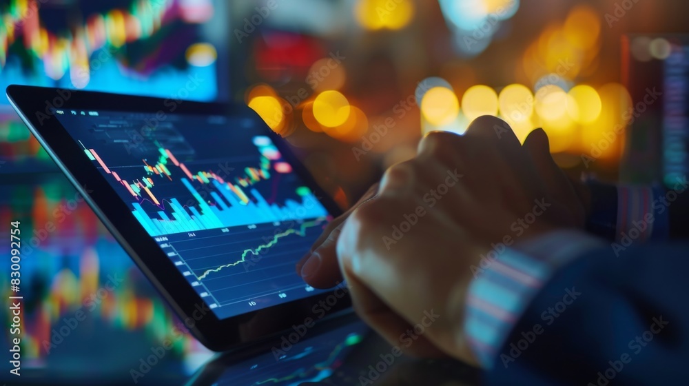 Poster a close-up of a businessman analyzing stock market graphs and charts on a tablet device, making info