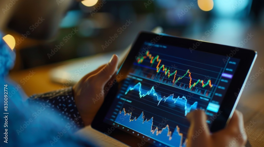 Poster a close-up of a businessman analyzing stock market graphs and charts on a tablet device, making info