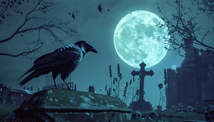 Crow on Cemetery with Coffin and Skull  Halloween Horror Scene