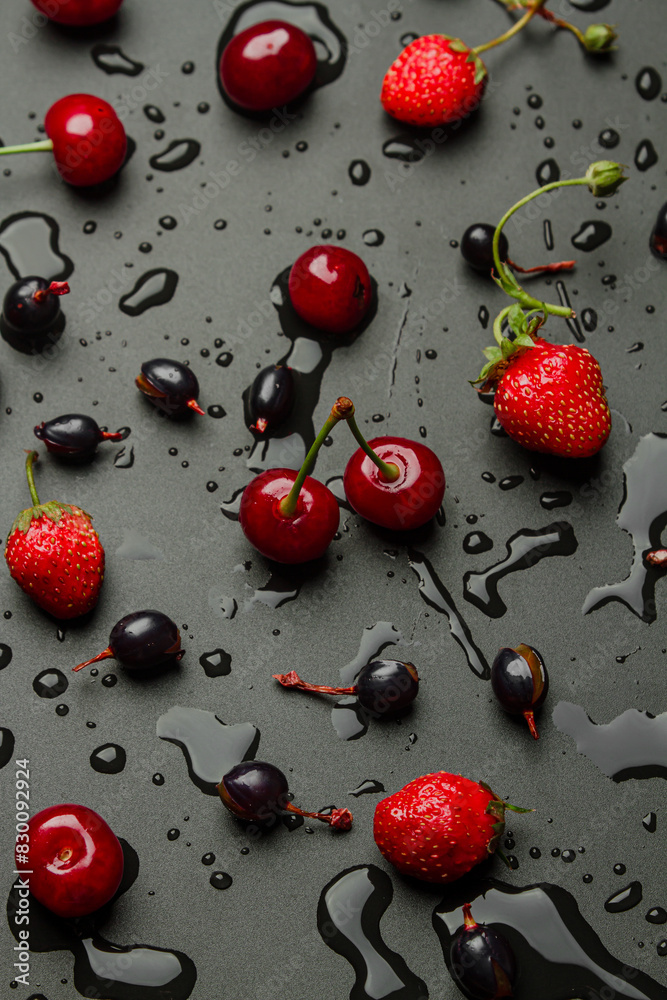 Poster Wet beWet berries on a black backgroundrries on a black background