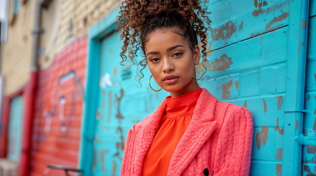 Une influenceuse de mode pr&eacute;sente un look tendance appuy&eacute;e contre un mur bleu