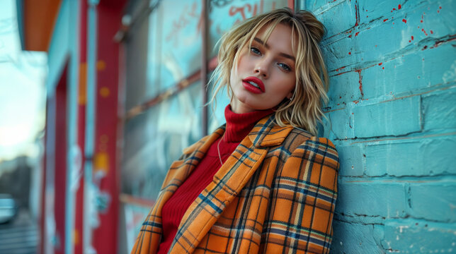 Une influenceuse de mode pr&eacute;sente un look tendance appuy&eacute;e contre un mur bleu