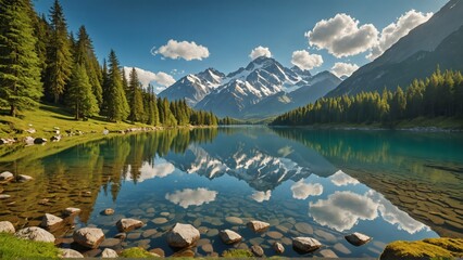 Pristine lake with crystal clear water reflecting majestic snow-capped mountains, surrounded by lush green pine trees on a sunny day.
