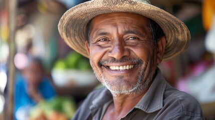 Southeast Asian old man wearing leaf weaving hat smiling , fruit seller rural countryside local market stall shop atmosphere, 